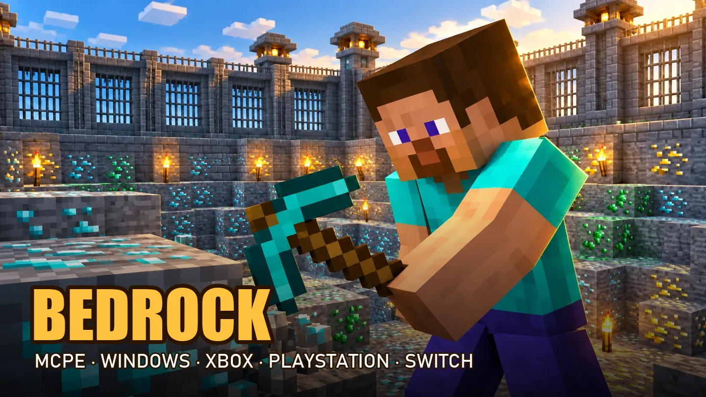 A player mining diamond ore with a Bedrock badge