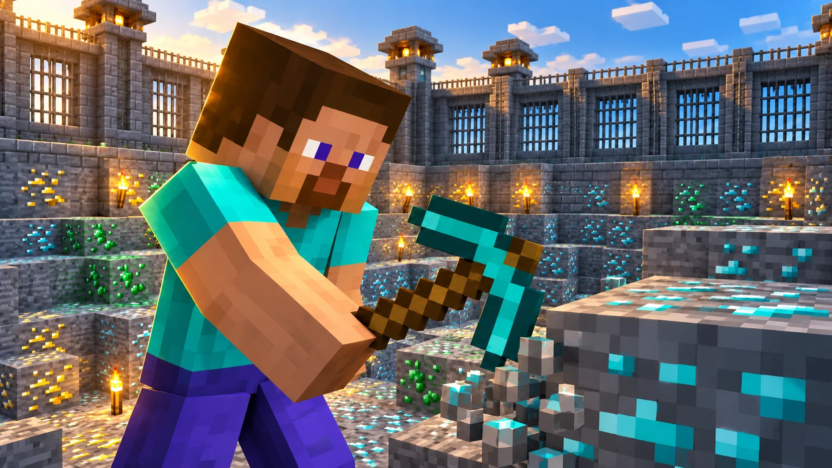 A player mining diamond ore in an AkumaMC prison mine
