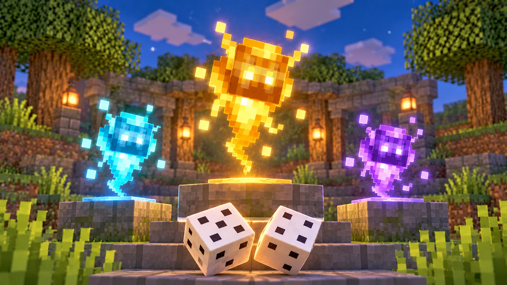 Two dice in front of glowing rare drops on stone pedestals