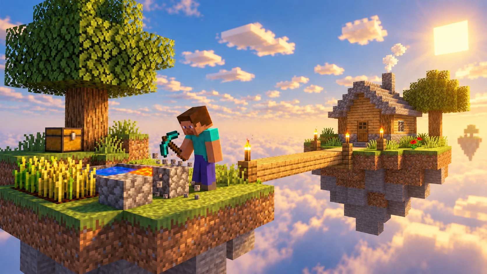 A player mining cobblestone on a floating Skyblock island