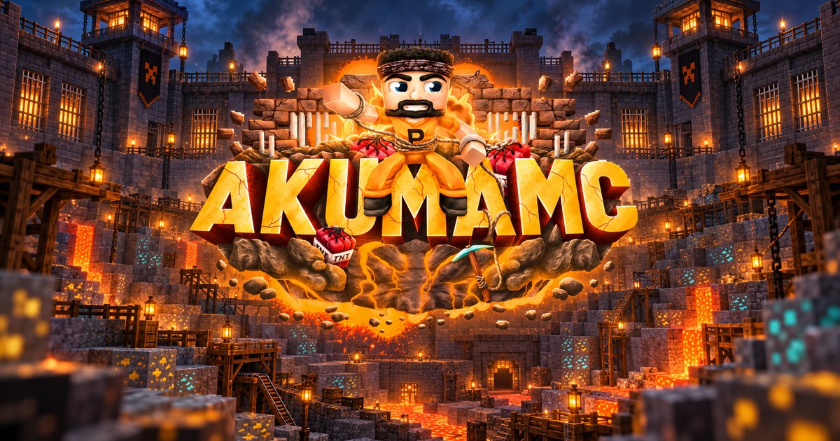 The AkumaMC logo over a glowing prison mine